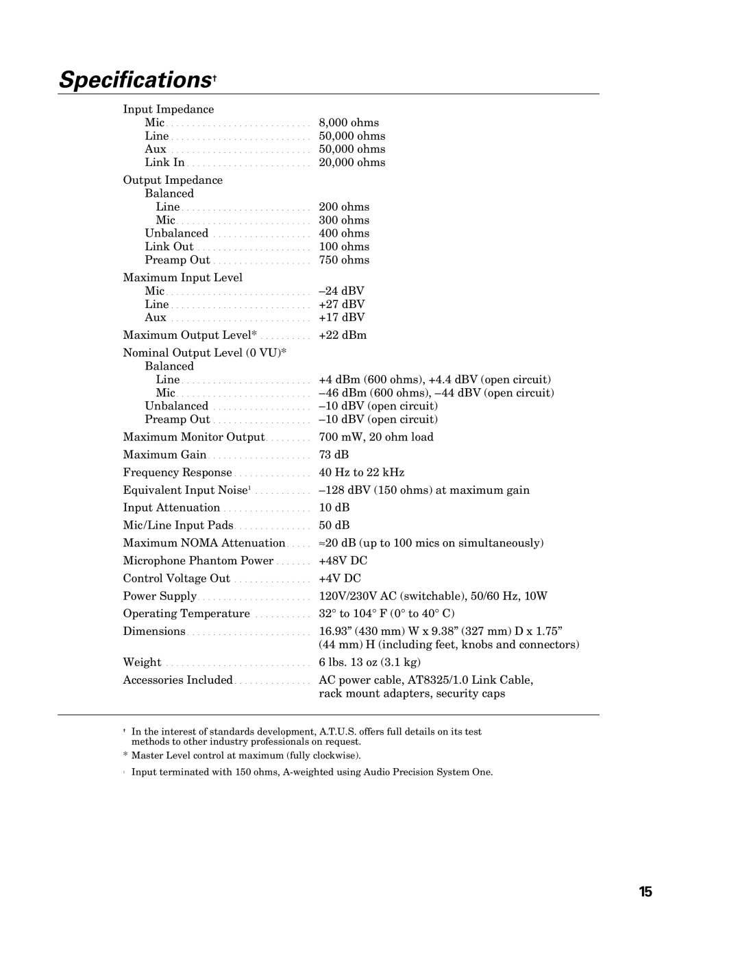 Audio-Technica AT-MX351 manual Specifications† 