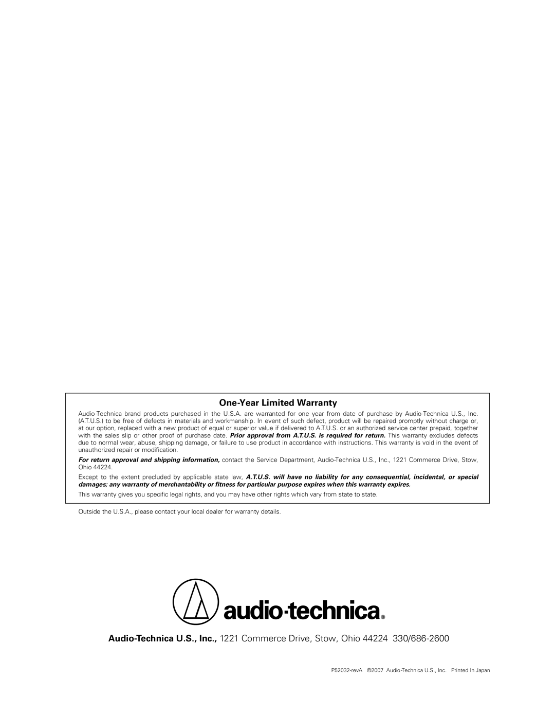 Audio-Technica AT-MX351 manual One-Year Limited Warranty 