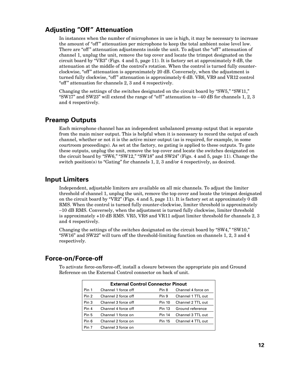 Audio-Technica AT-MX351 manual Adjusting Off Attenuation, Preamp Outputs, Input Limiters, Force-on/Force-off 