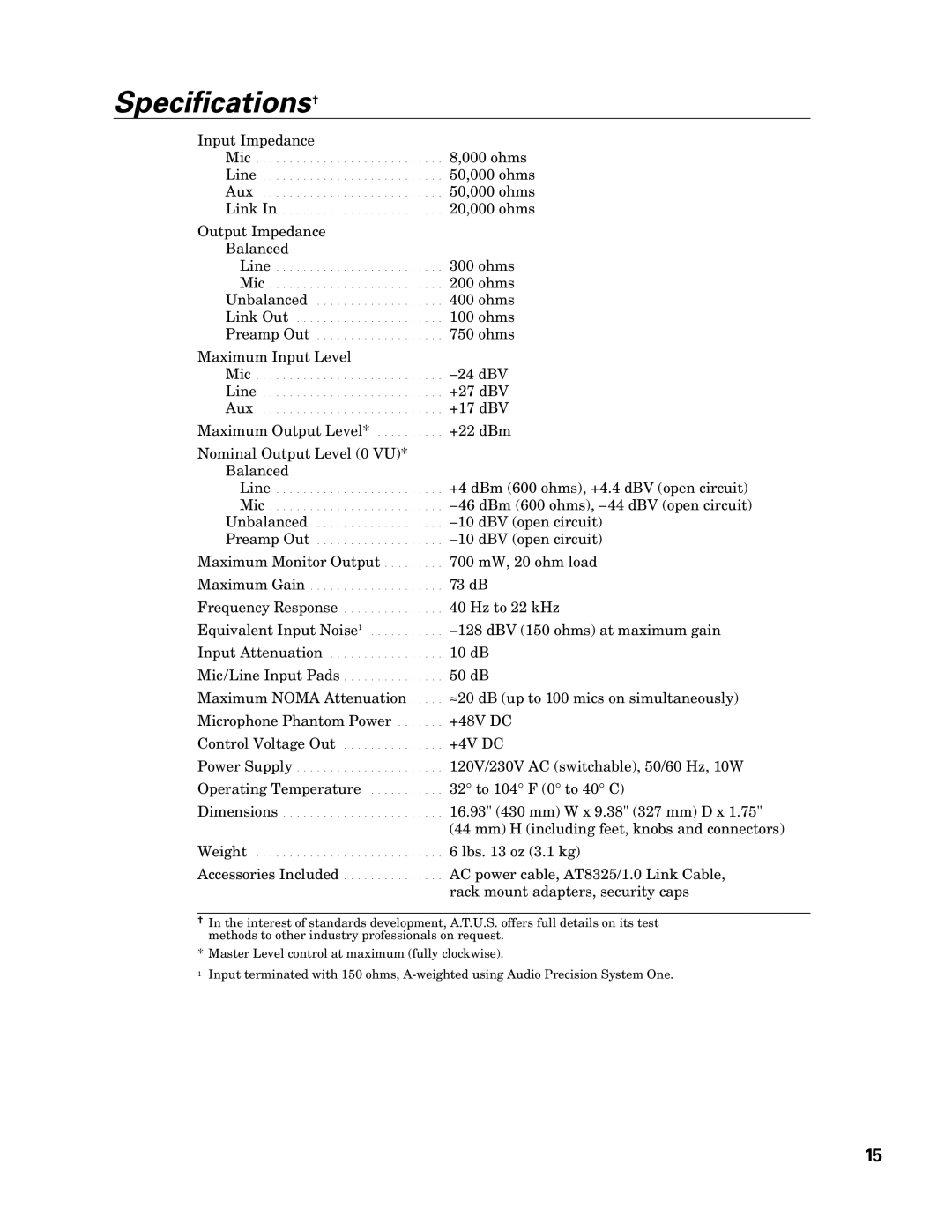 Audio-Technica AT-MX351 manual Specifications† 