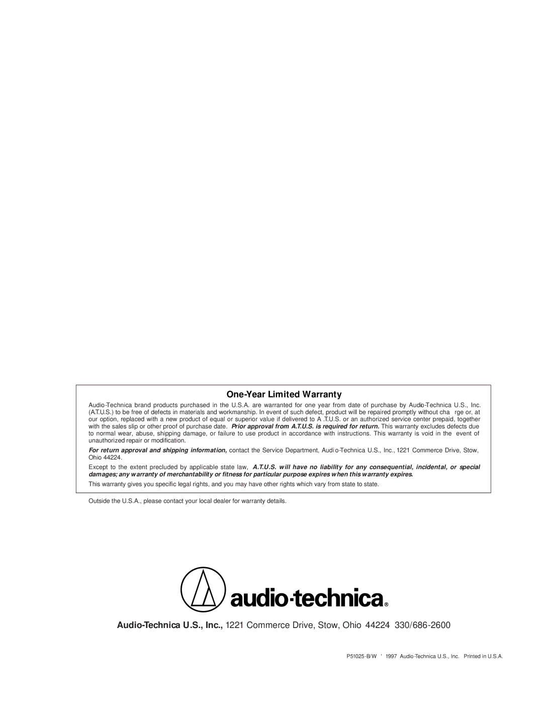 Audio-Technica AT-MX351 manual One-Year Limited Warranty 