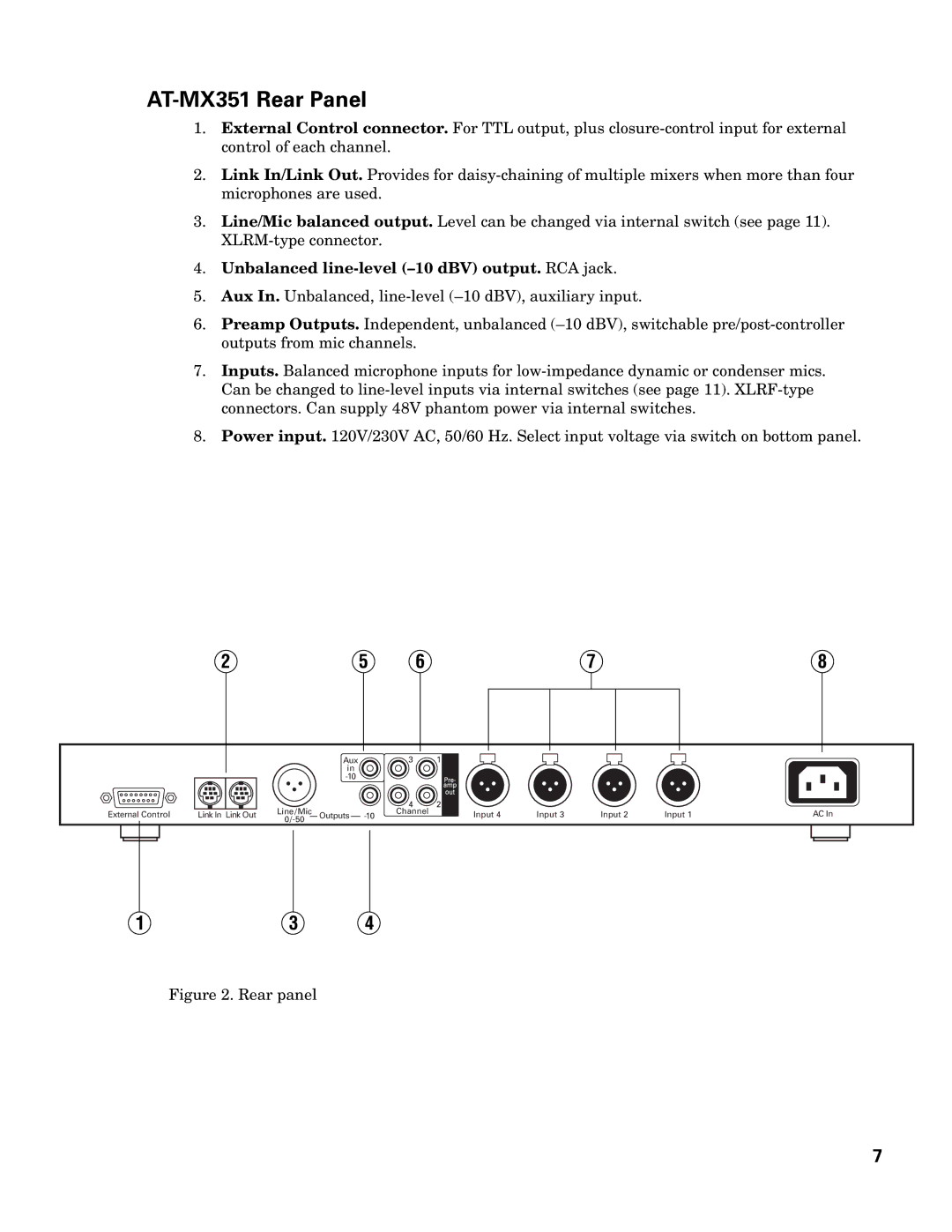 Audio-Technica manual AT-MX351 Rear Panel, Unbalanced line-level -10 dBV output. RCA jack 