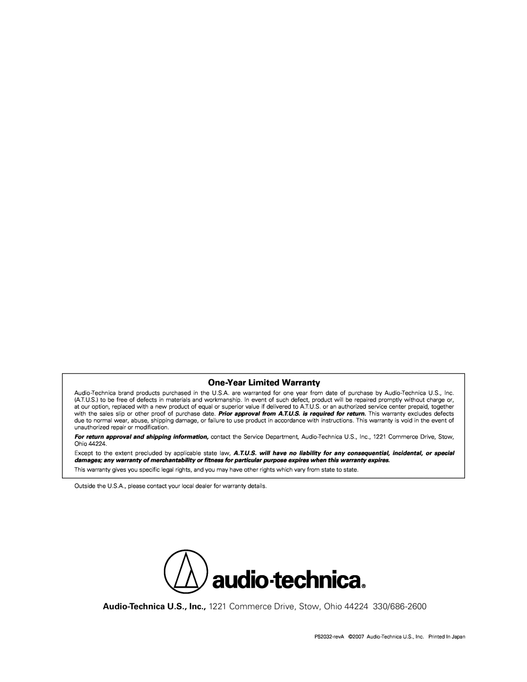 Audio-Technica AT-MX351 manual One-Year Limited Warranty, P52032-revA 2007 Audio-Technica U.S., Inc. Printed In Japan 