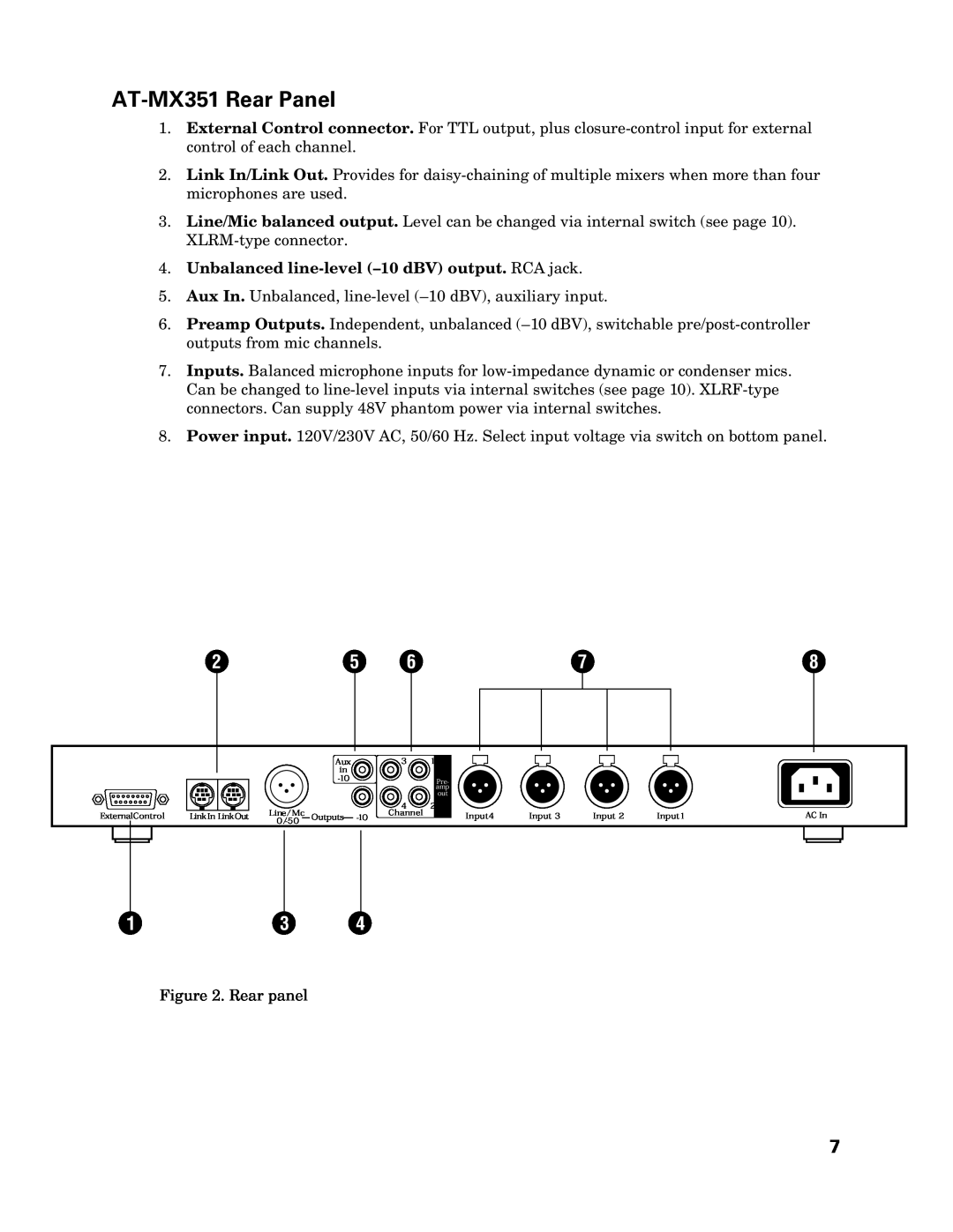 Audio-Technica manual AT-MX351 Rear Panel, Unbalanced line-level -10 dBV output. RCA jack 