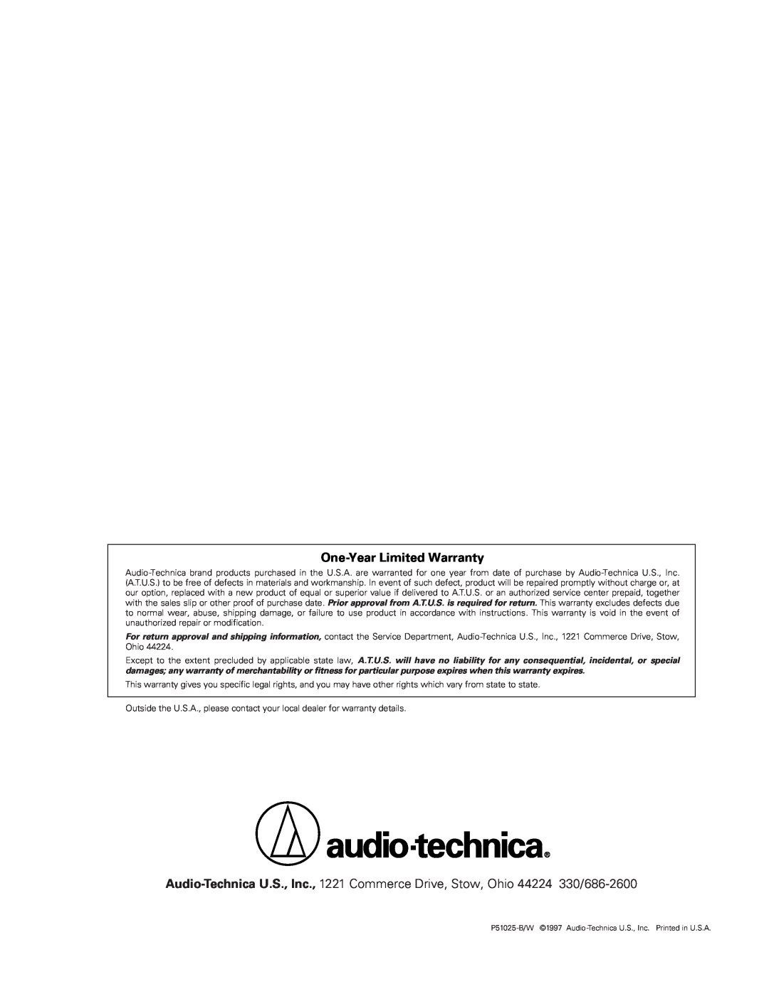 Audio-Technica AT-MX351 manual One-Year Limited Warranty, P51025-B/W 1997 Audio -Technica U.S., Inc. Printed in U.S.A 