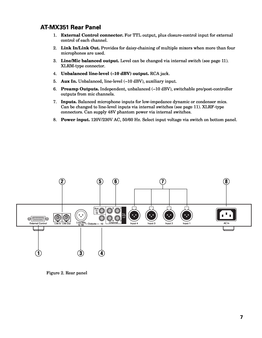 Audio-Technica manual AT-MX351 Rear Panel, Unbalanced line-level -10 dBV output. RCA jack 