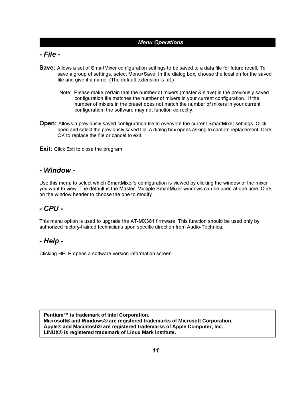 Audio-Technica AT-MX381 software manual File, Window, Cpu, Help, Menu Operations 