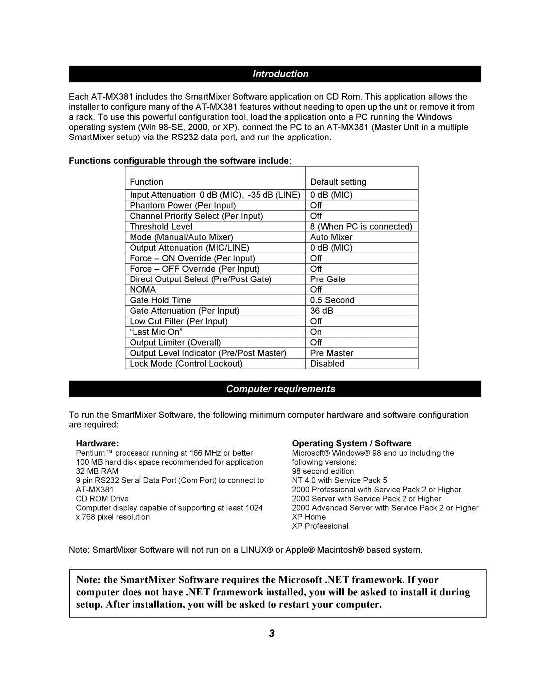 Audio-Technica AT-MX381 software manual Introduction, Computer requirements 