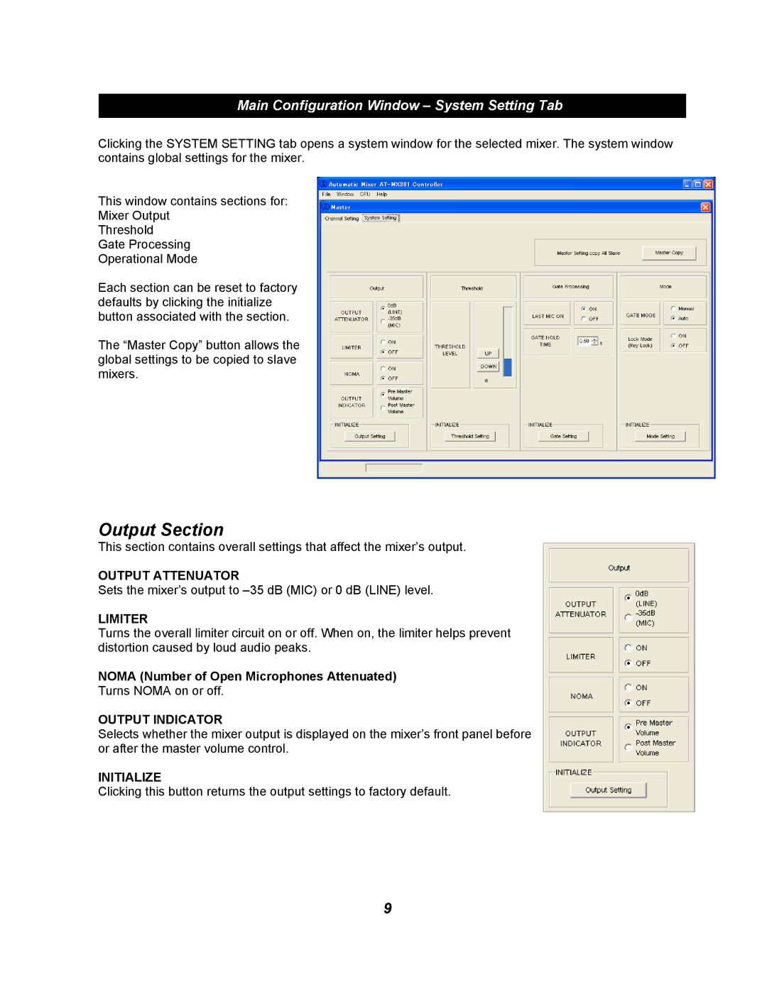 Audio-Technica AT-MX381 Output Section, Main Configuration Window System Setting Tab, Output Attenuator, Limiter 