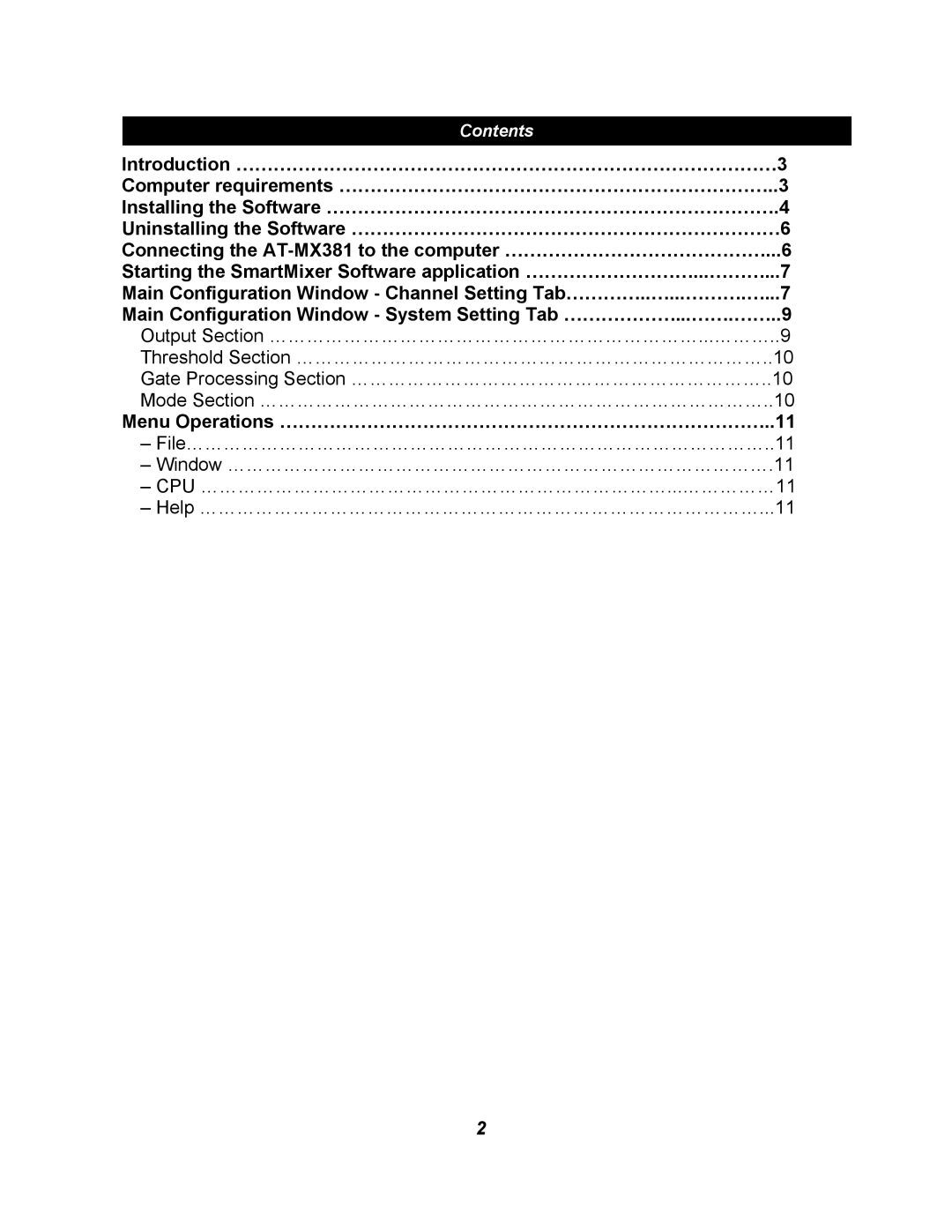 Audio-Technica AT-MX381 software manual Menu Operations ……………………………………………………………………..11, Contents 