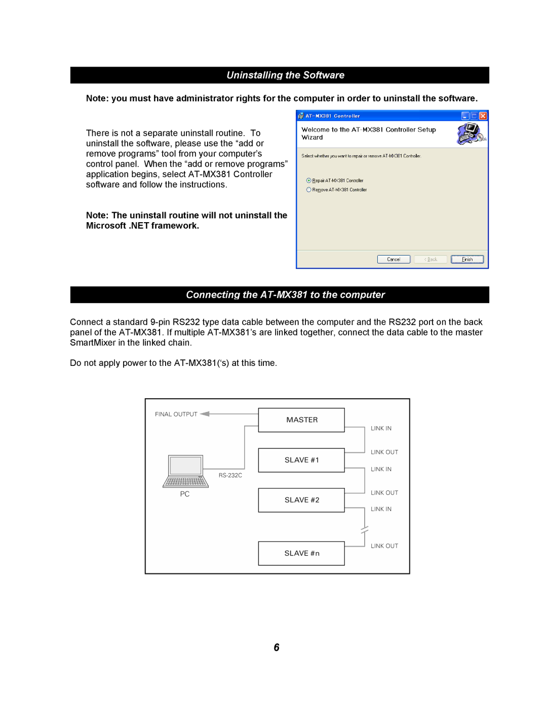 Audio-Technica software manual Uninstalling the Software, Connecting the AT-MX381 to the computer 