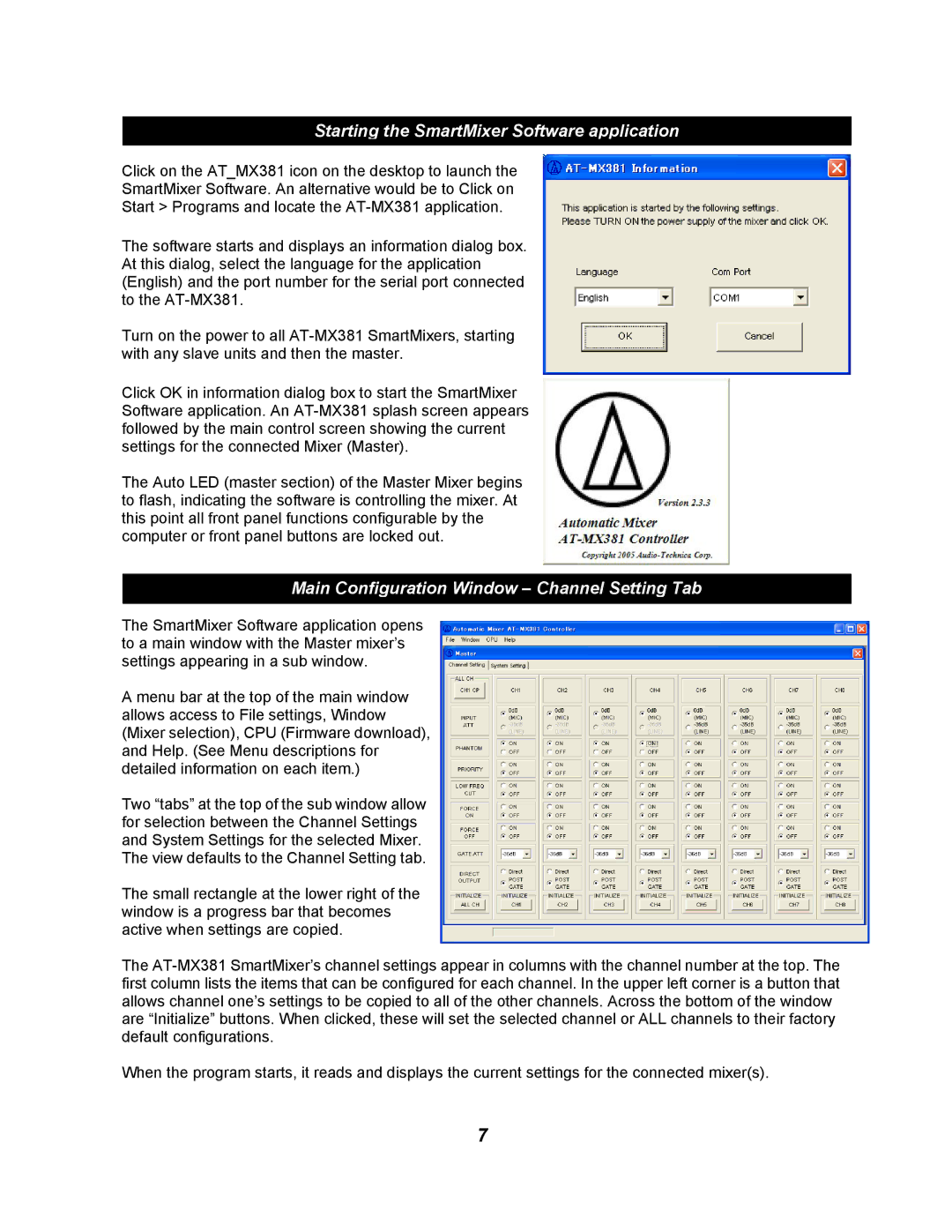 Audio-Technica AT-MX381 Starting the SmartMixer Software application, Main Configuration Window Channel Setting Tab 