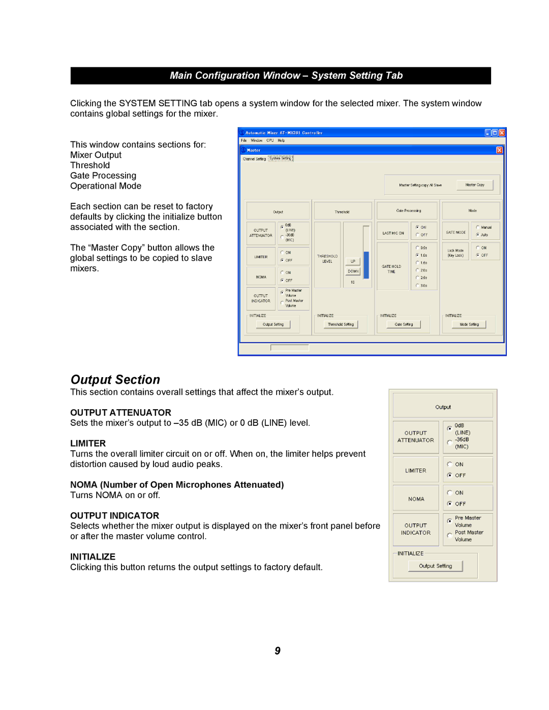 Audio-Technica AT-MX381 Output Section, Main Configuration Window System Setting Tab, Output Attenuator, Limiter 