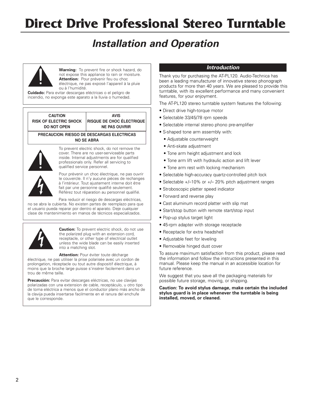 Audio-Technica AT-PL120 manual Direct Drive Professional Stereo Turntable, Introduction 