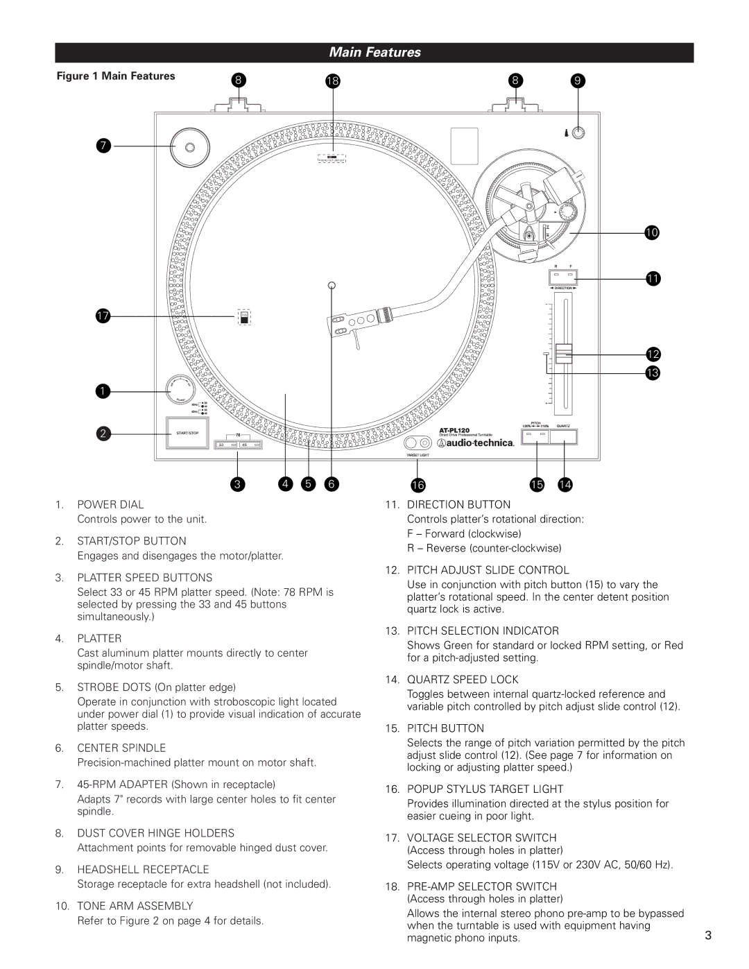 Audio-Technica AT-PL120 manual Main Features, Platter Speed Buttons Pitch Adjust Slide Control 