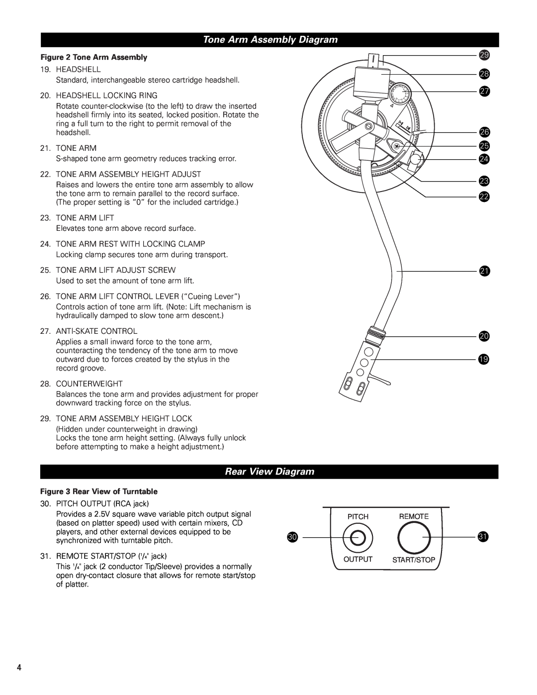 Audio-Technica AT-PL120 manual Tone Arm Assembly Diagram, Rear View Diagram, Rear View of Turntable 