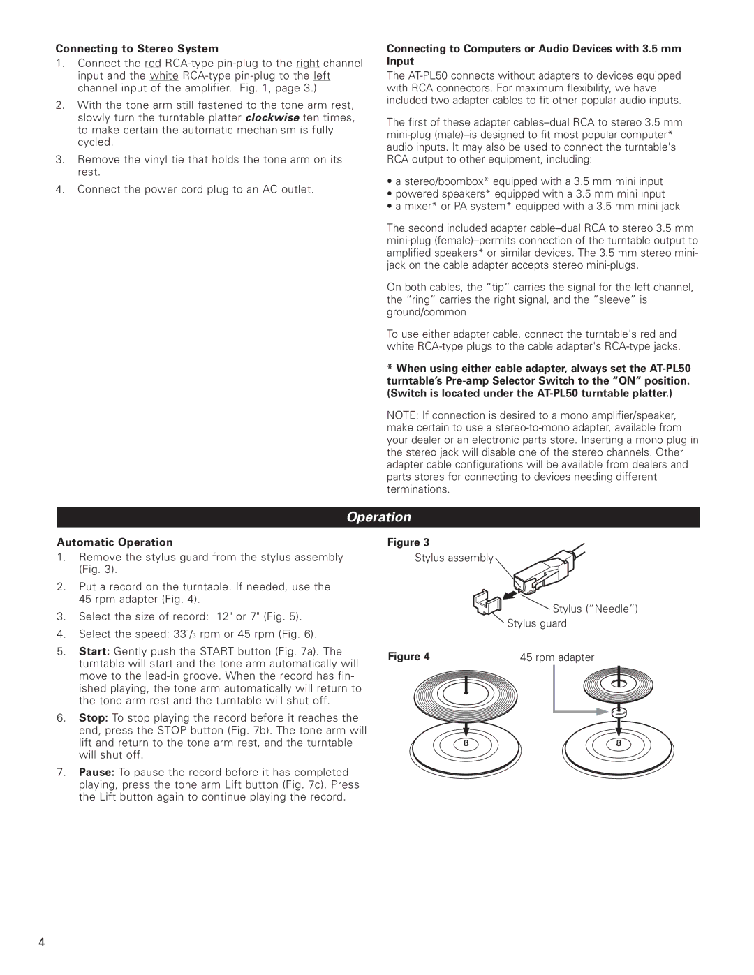 Audio-Technica AT-PL50 Operation, Connecting to Stereo System, Connecting to Computers or Audio Devices with 3.5 mm Input 