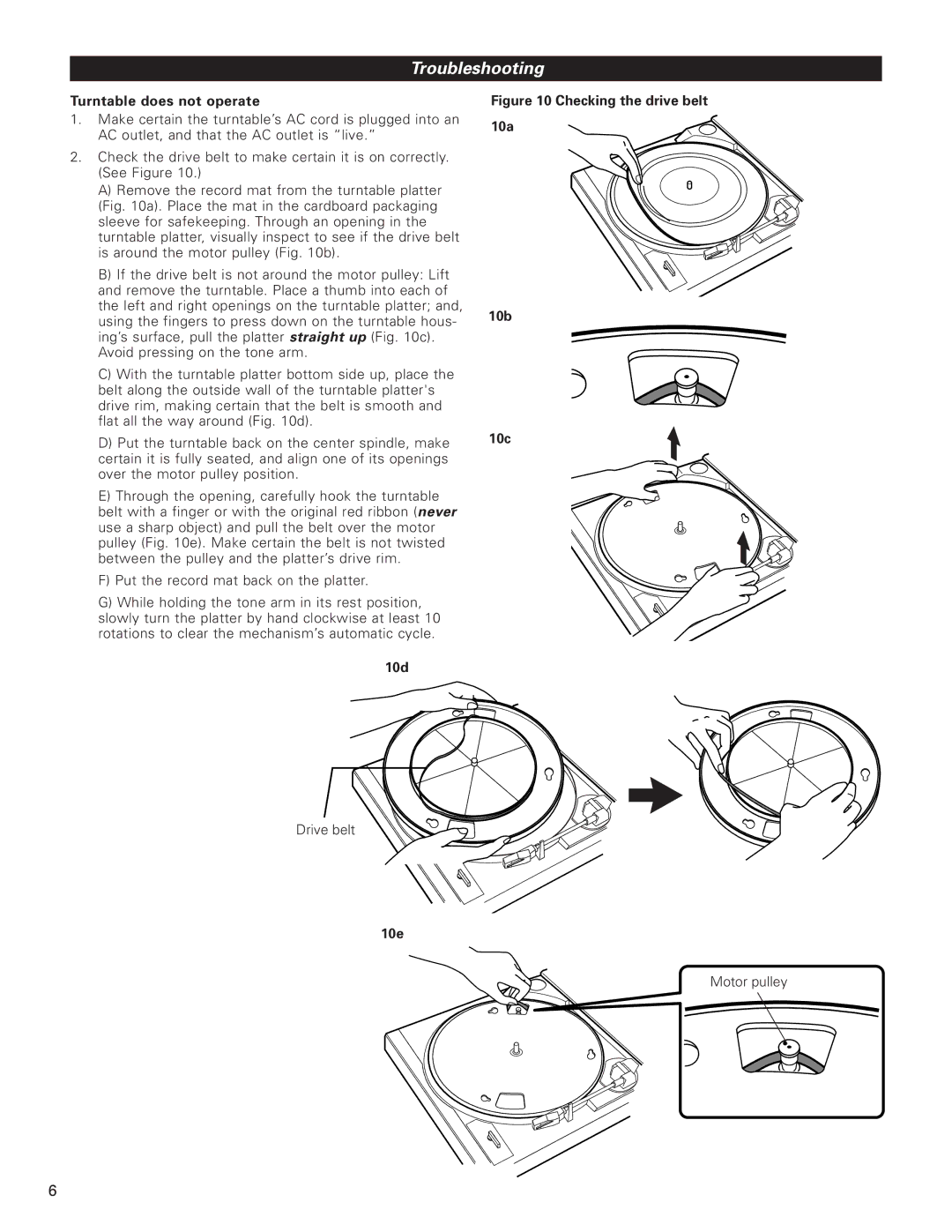 Audio-Technica AT-PL50 manual Troubleshooting, Turntable does not operate, 10e 