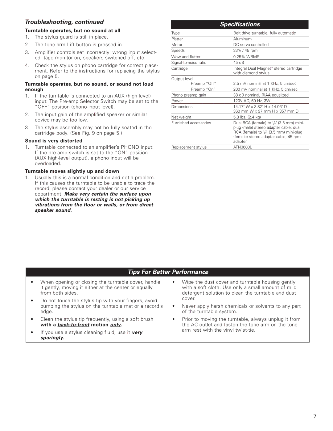 Audio-Technica AT-PL50 manual Specifications, Tips For Better Performance 