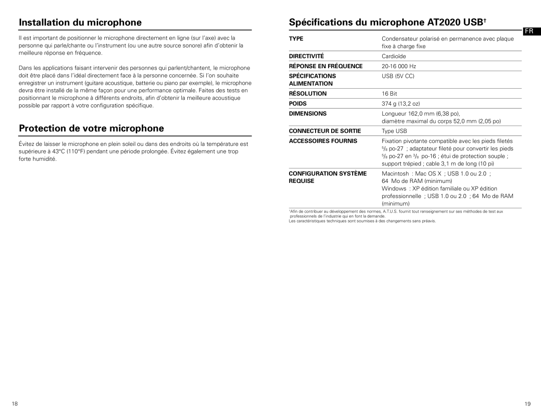 Audio-Technica at2020 usb manual Installation du microphone, Protection de votre microphone 