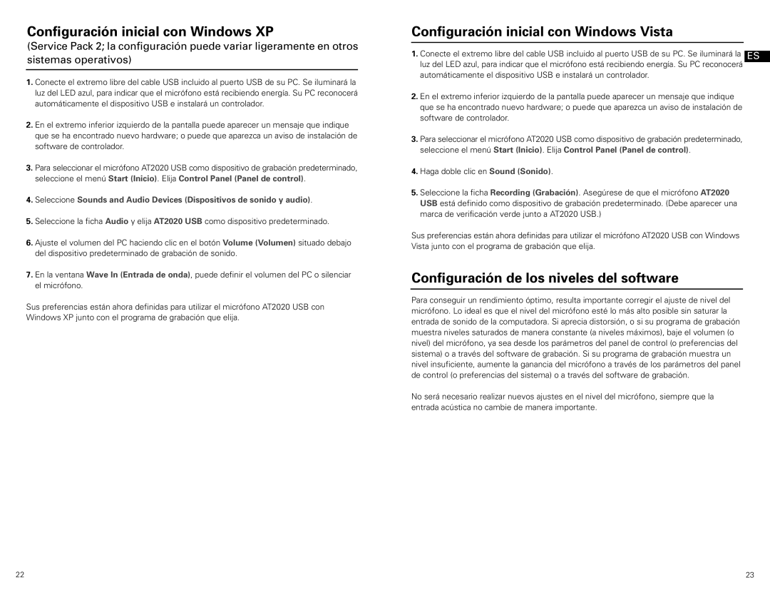 Audio-Technica at2020 usb manual Configuración inicial con Windows XP, Configuración inicial con Windows Vista 