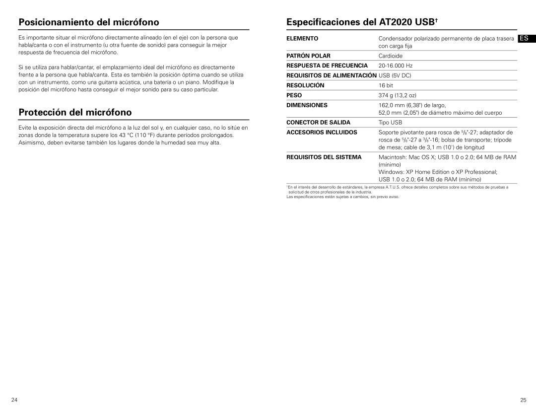 Audio-Technica at2020 usb manual Posicionamiento del micrófono, Protección del micrófono, Especificaciones del AT2020 USB† 