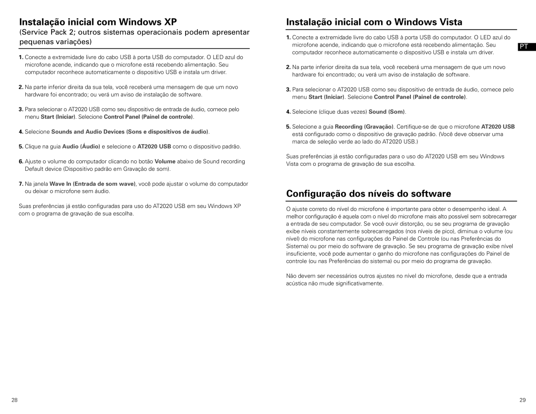 Audio-Technica at2020 usb manual Instalação inicial com Windows XP, Instalação inicial com o Windows Vista 