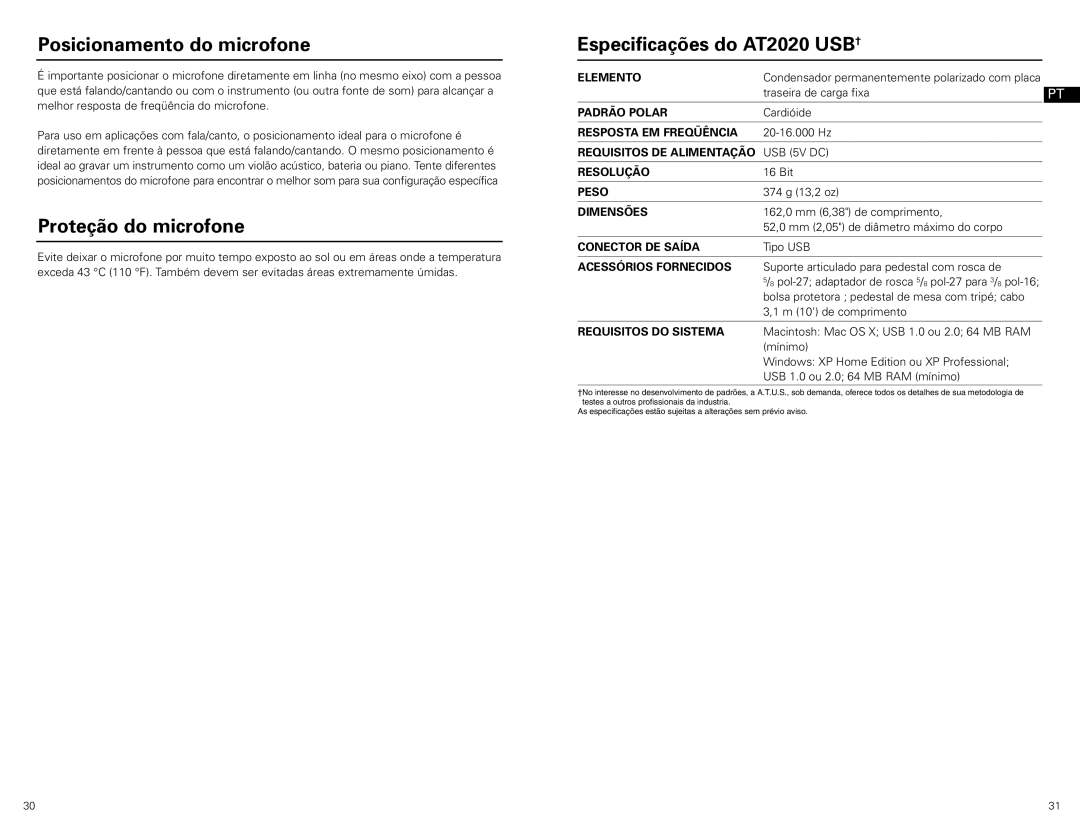Audio-Technica at2020 usb manual Posicionamento do microfone, Proteção do microfone, Especificações do AT2020 USB† 