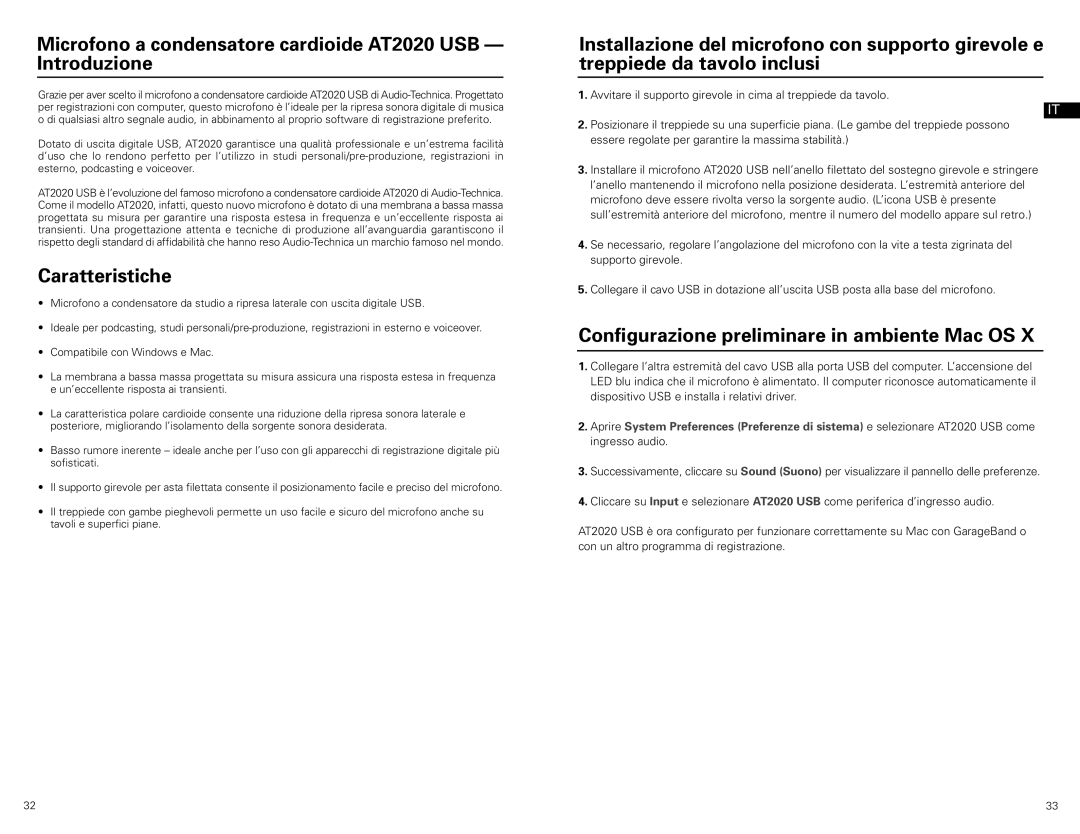 Audio-Technica at2020 usb manual Microfono a condensatore cardioide AT2020 USB Introduzione, Caratteristiche 