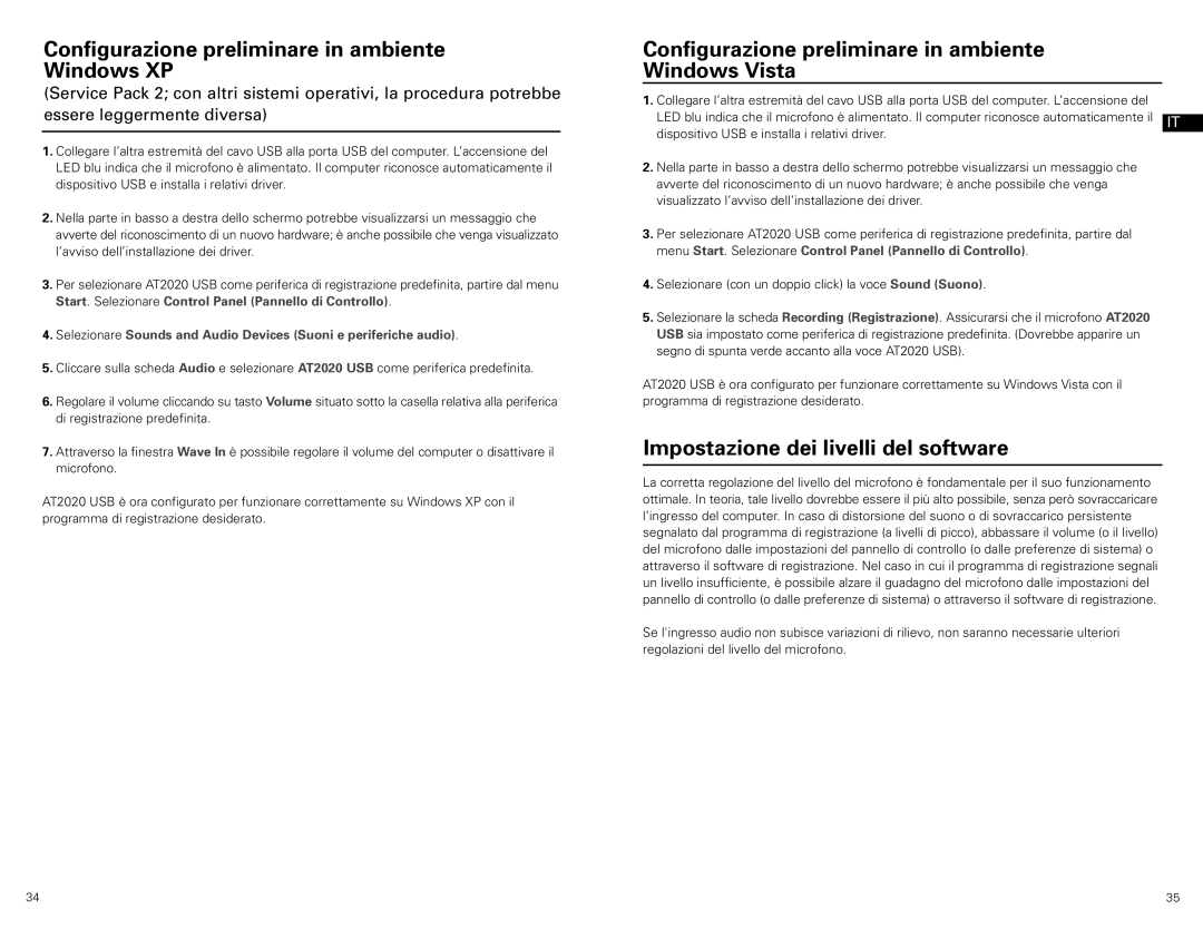 Audio-Technica at2020 usb manual Configurazione preliminare in ambiente Windows XP, Impostazione dei livelli del software 