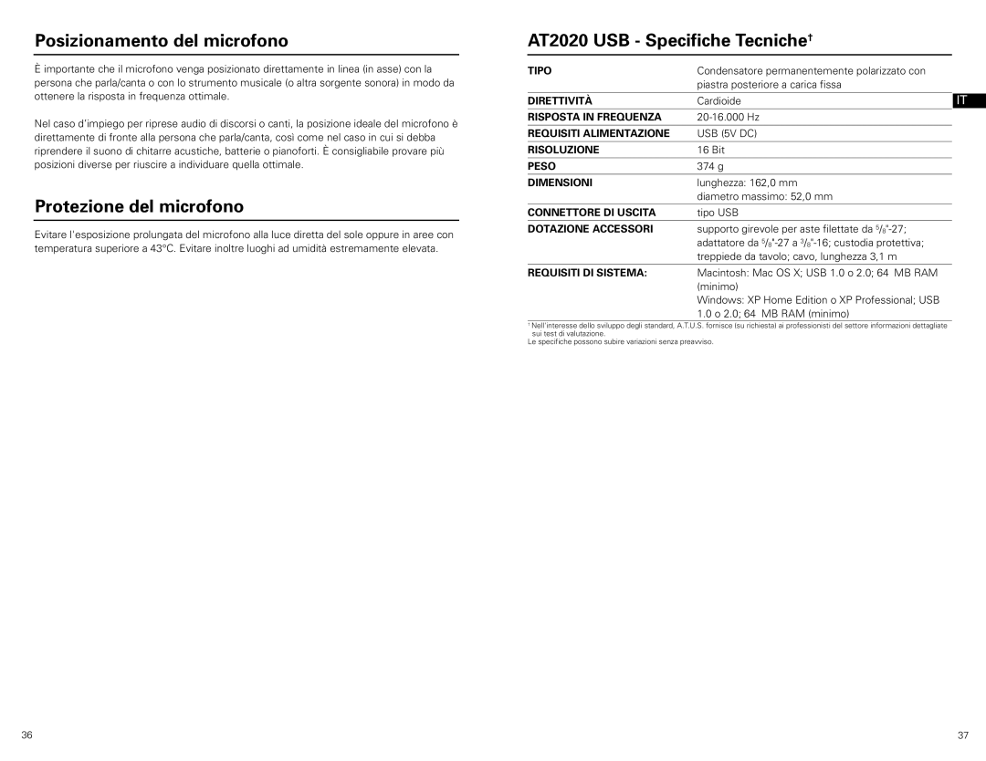 Audio-Technica at2020 usb manual Posizionamento del microfono, Protezione del microfono, AT2020 USB Specifiche Tecniche† 