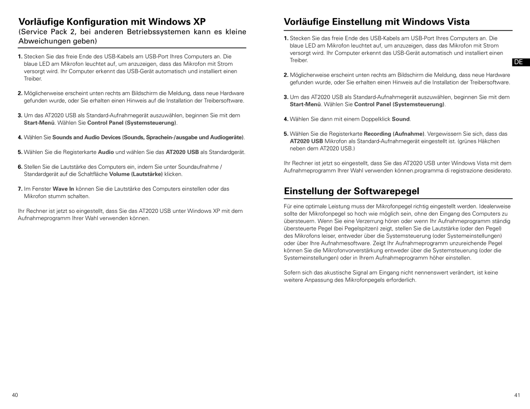 Audio-Technica at2020 usb manual Vorläufige Konfiguration mit Windows XP, Vorläufige Einstellung mit Windows Vista 