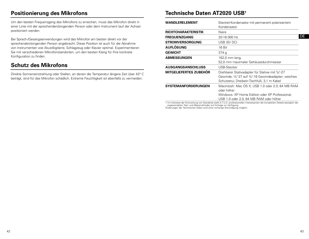 Audio-Technica at2020 usb manual Positionierung des Mikrofons, Schutz des Mikrofons, Technische Daten AT2020 USB† 