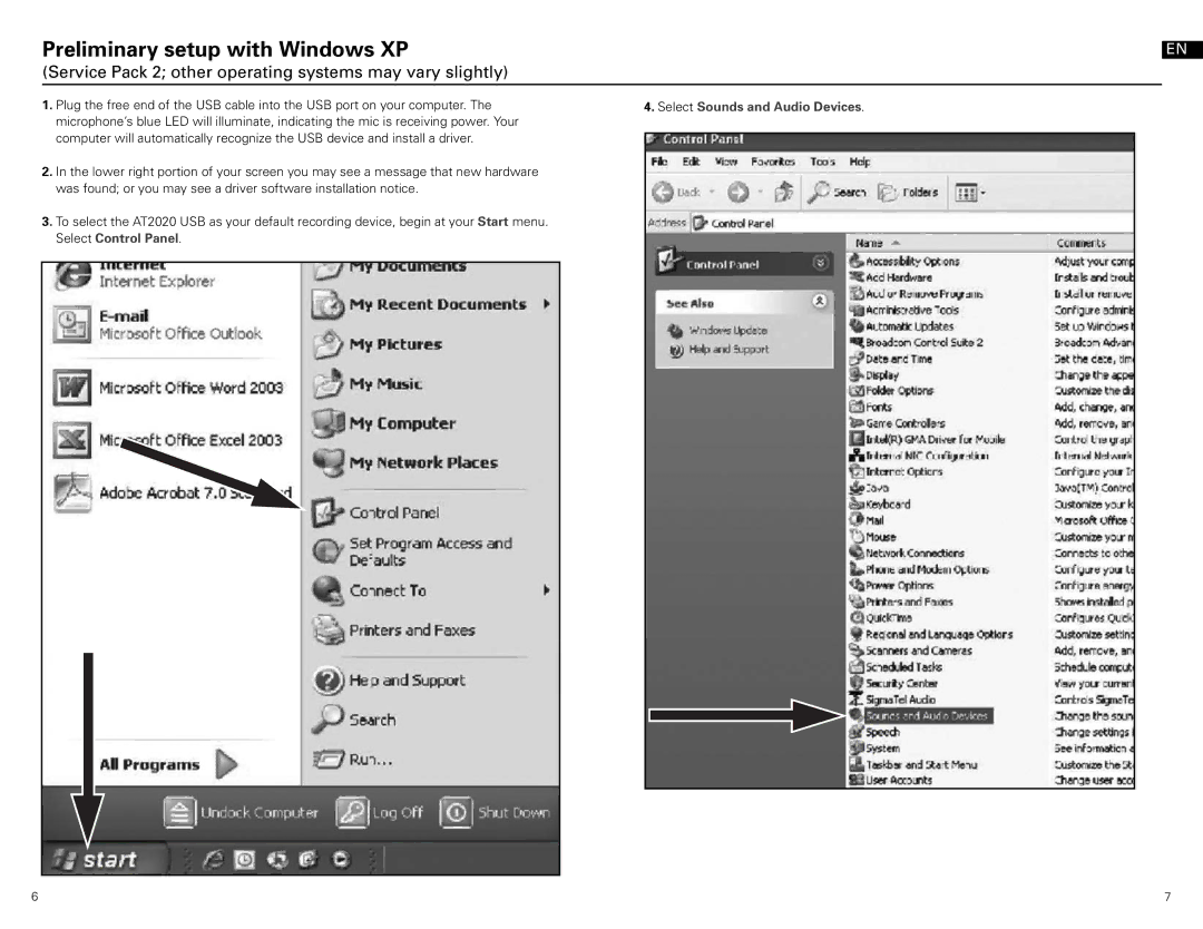 Audio-Technica at2020 usb manual Preliminary setup with Windows XP 