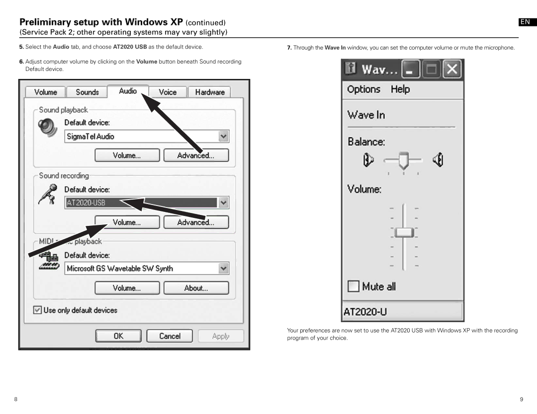 Audio-Technica at2020 usb manual Preliminary setup with Windows XP 