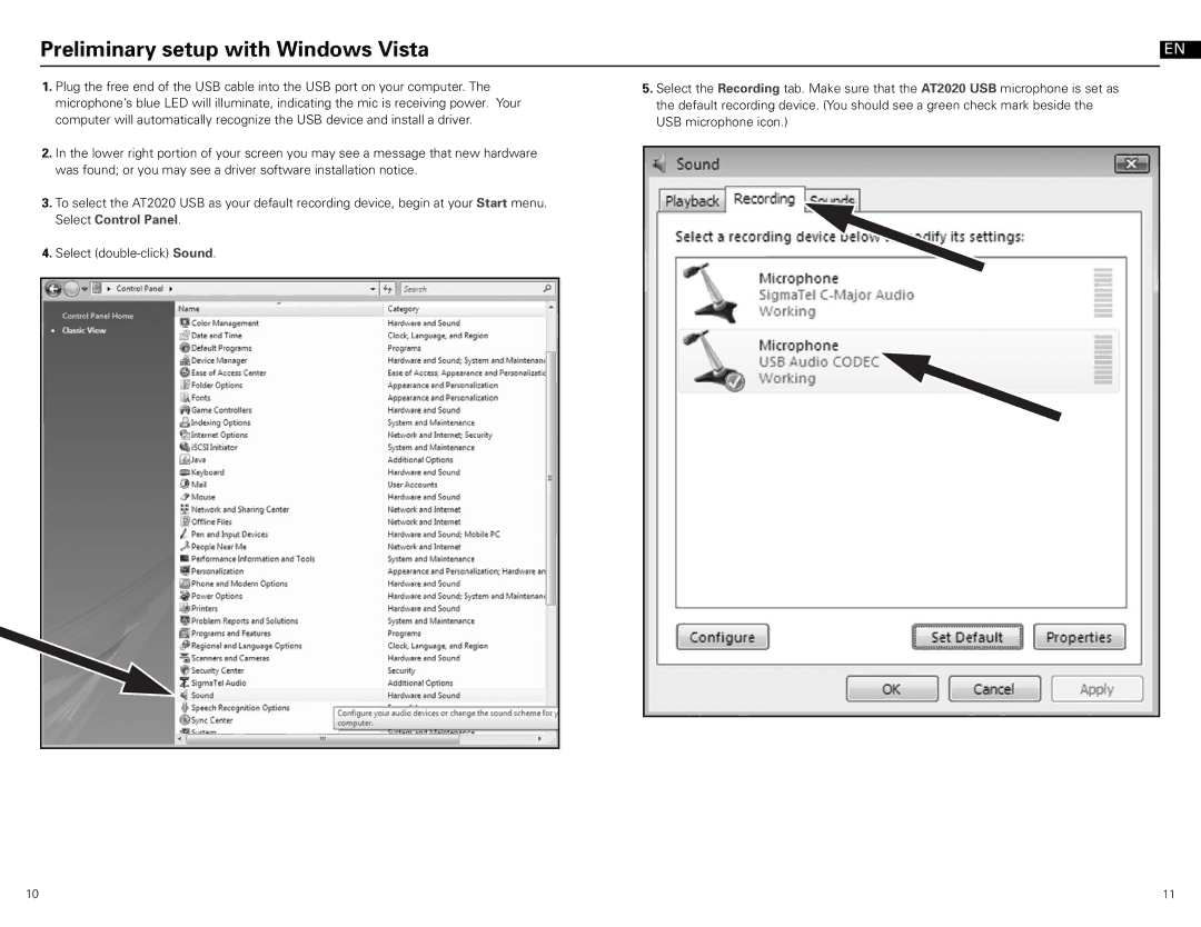 Audio-Technica at2020 usb manual Preliminary setup with Windows Vista 