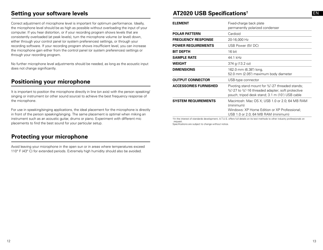 Audio-Technica at2020 usb manual Setting your software levels, Positioning your microphone, Protecting your microphone 