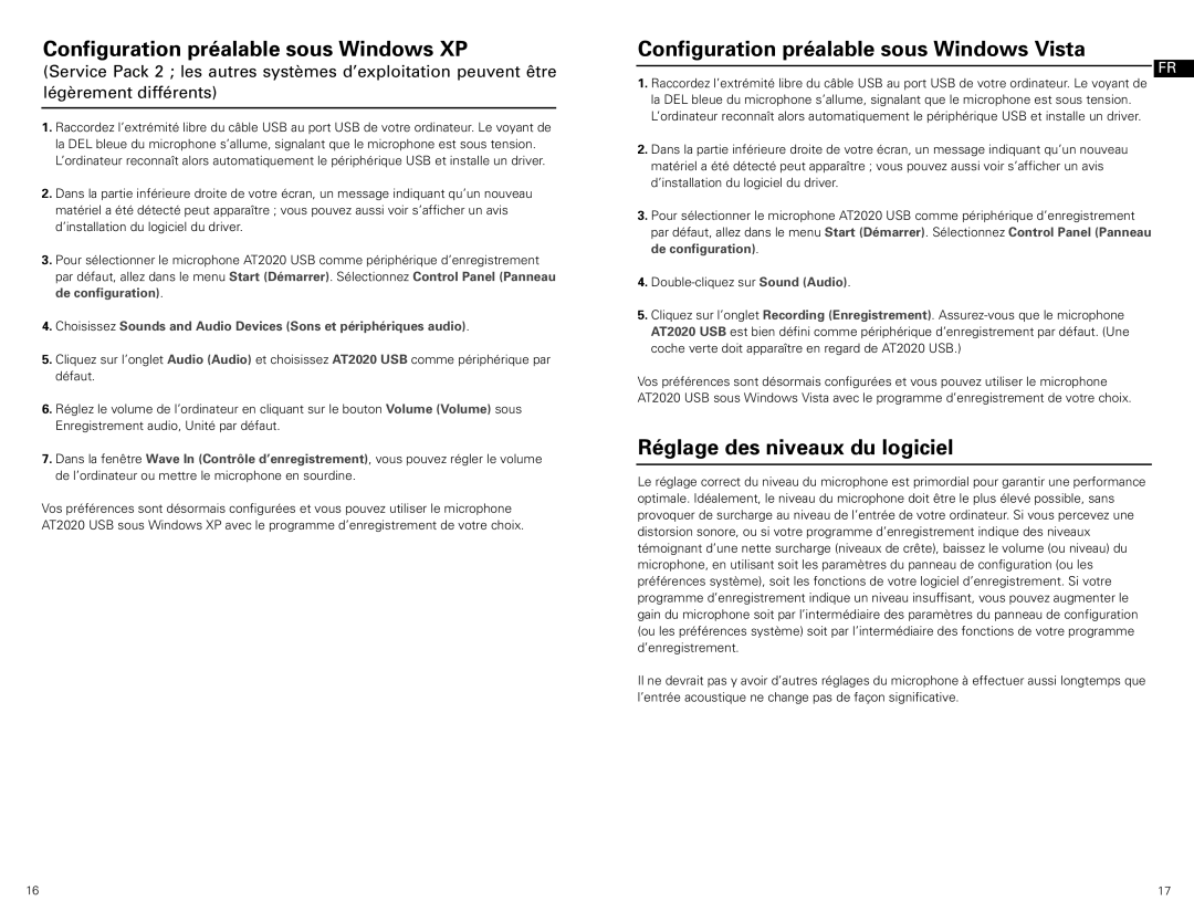 Audio-Technica at2020 usb manual Configuration préalable sous Windows XP, Configuration préalable sous Windows Vista 