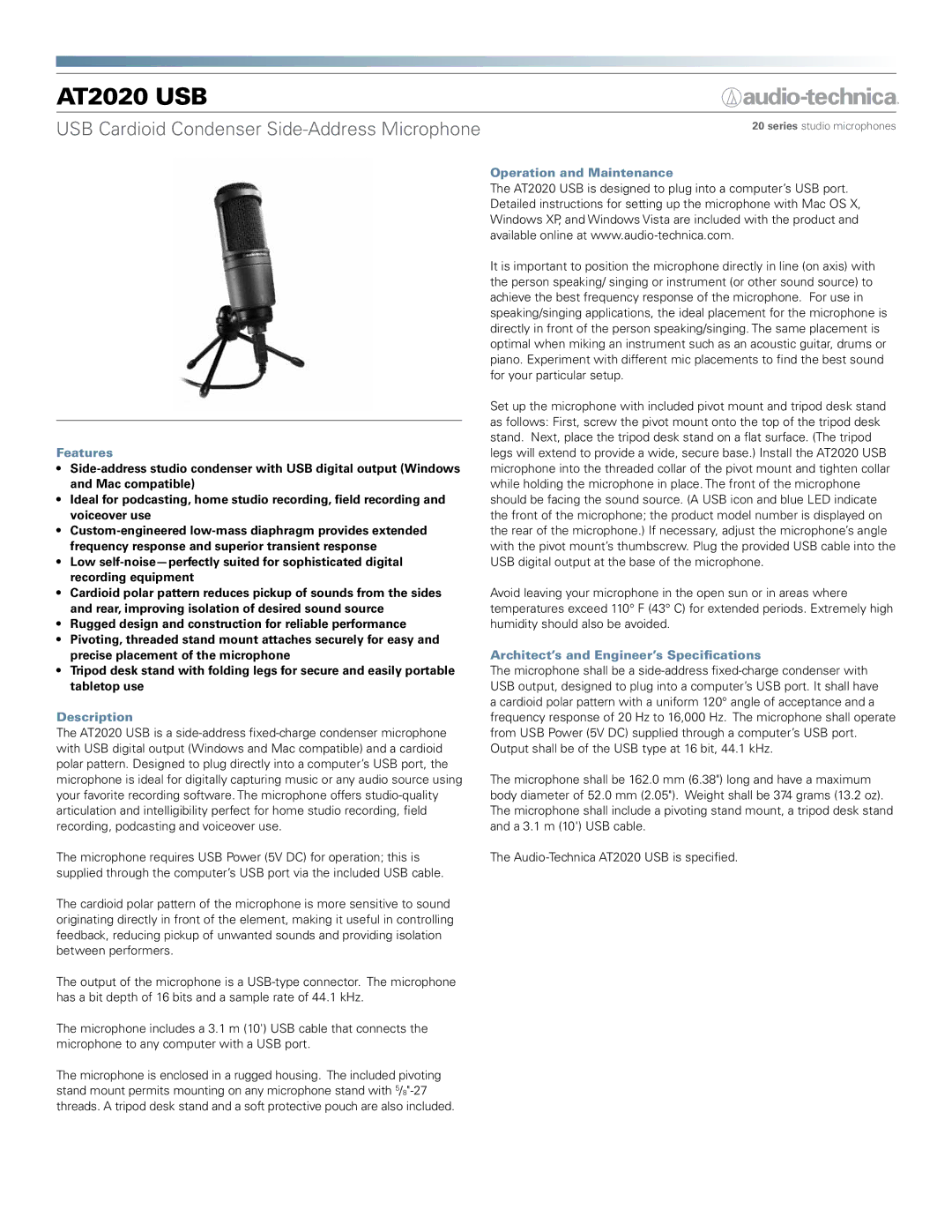 Audio-Technica at2020 usb manual Features, Description, Operation and Maintenance 