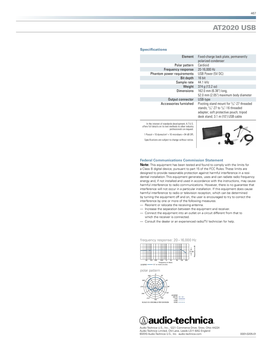 Audio-Technica at2020 usb manual Specifications, Federal Communications Commission Statement 