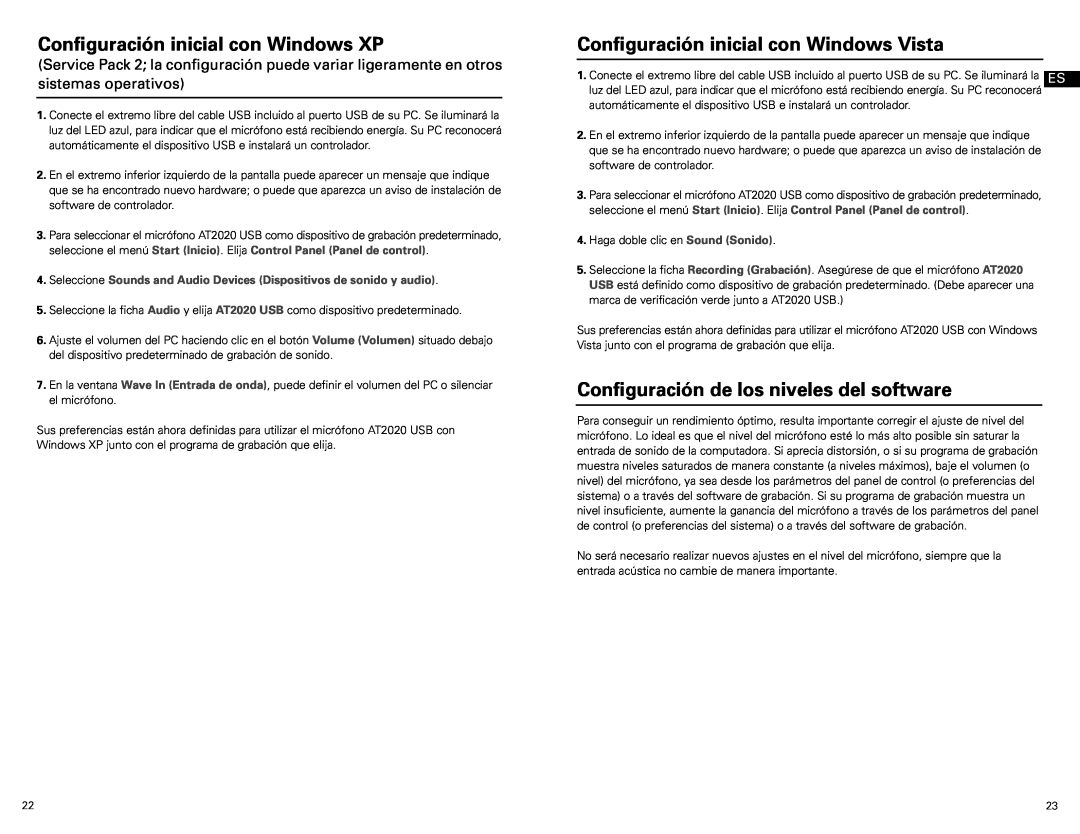 Audio-Technica at2020 usb manual Configuración inicial con Windows XP, Configuración inicial con Windows Vista 
