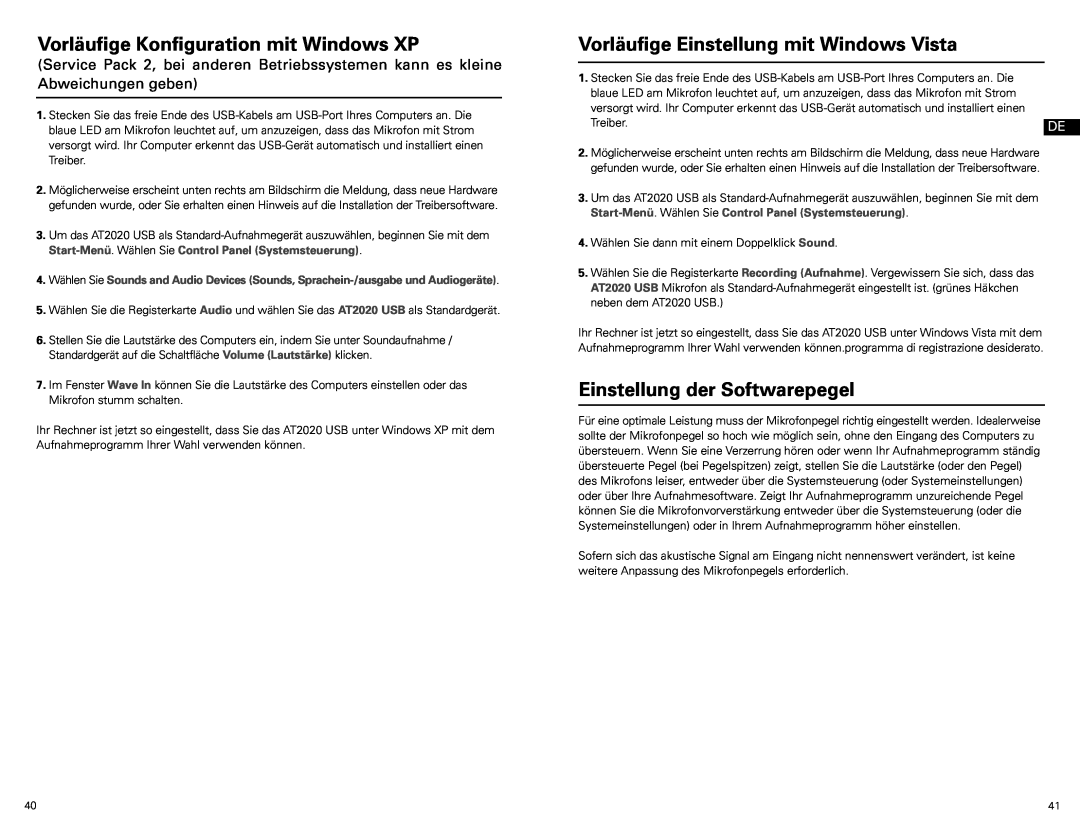 Audio-Technica at2020 usb manual Vorläufige Konfiguration mit Windows XP, Vorläufige Einstellung mit Windows Vista 