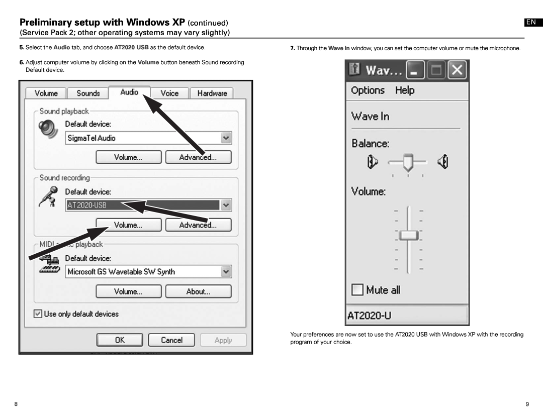 Audio-Technica at2020 usb manual Preliminary setup with Windows XP continued 