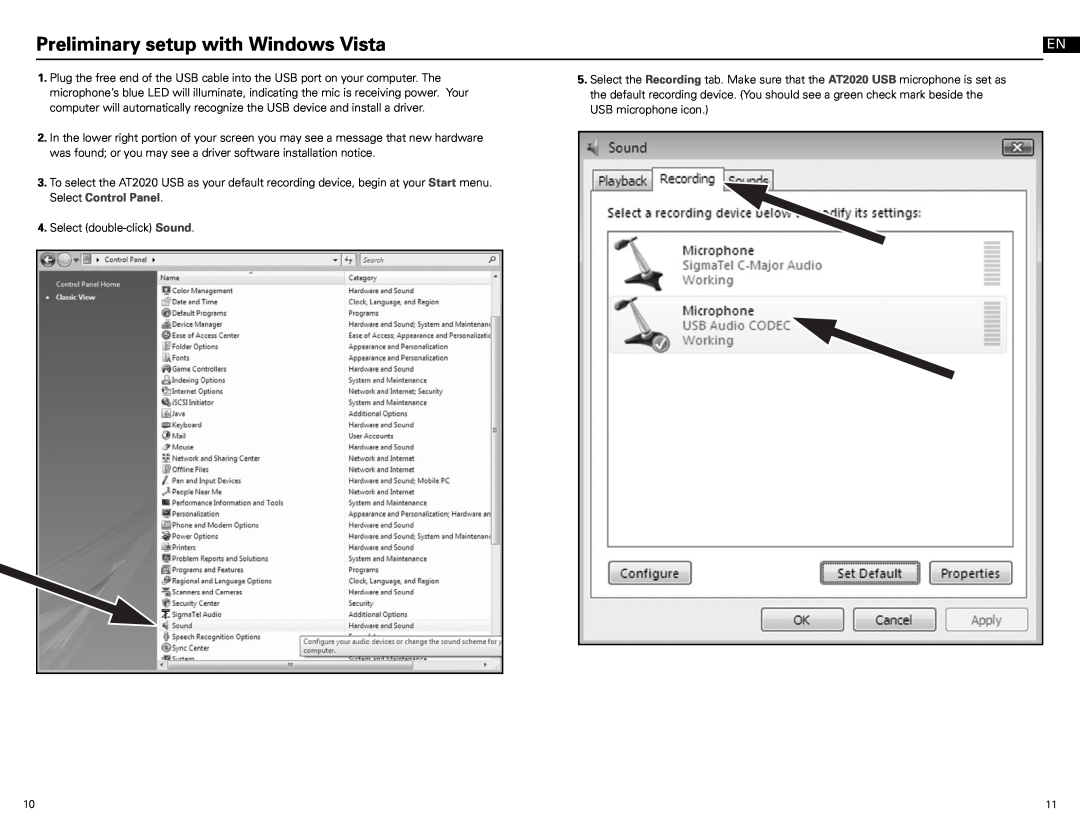 Audio-Technica at2020 usb manual Preliminary setup with Windows Vista 