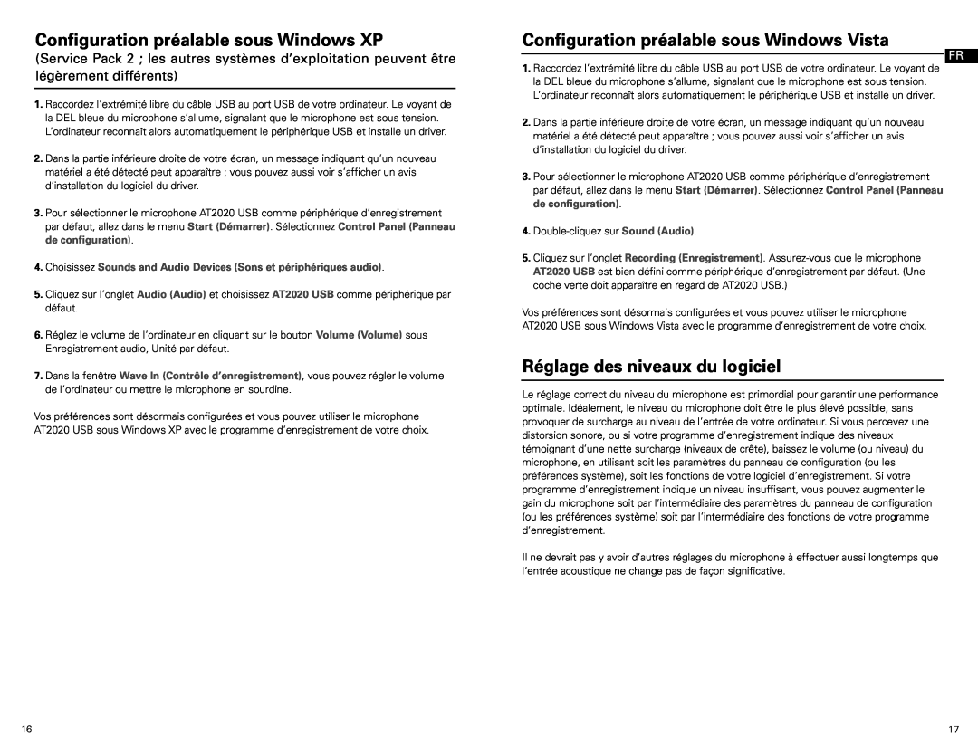 Audio-Technica at2020 usb manual Configuration préalable sous Windows XP, Configuration préalable sous Windows Vista 