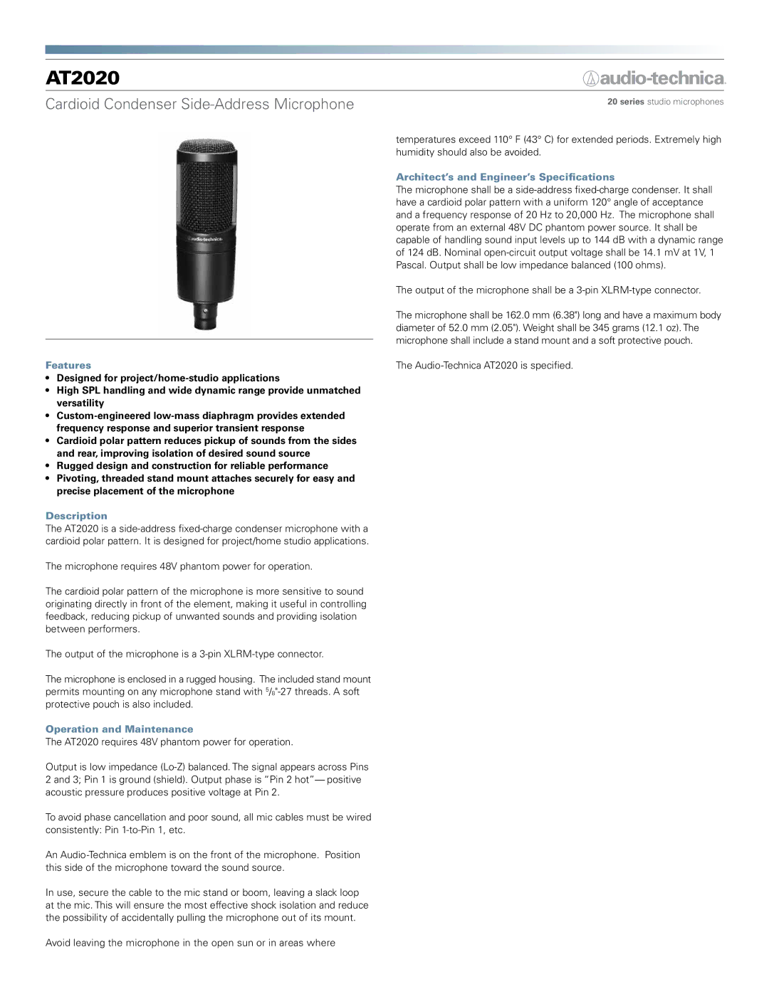 Audio-Technica AT2020 manual Features, Description, Operation and Maintenance, Architect’s and Engineer’s Specifications 