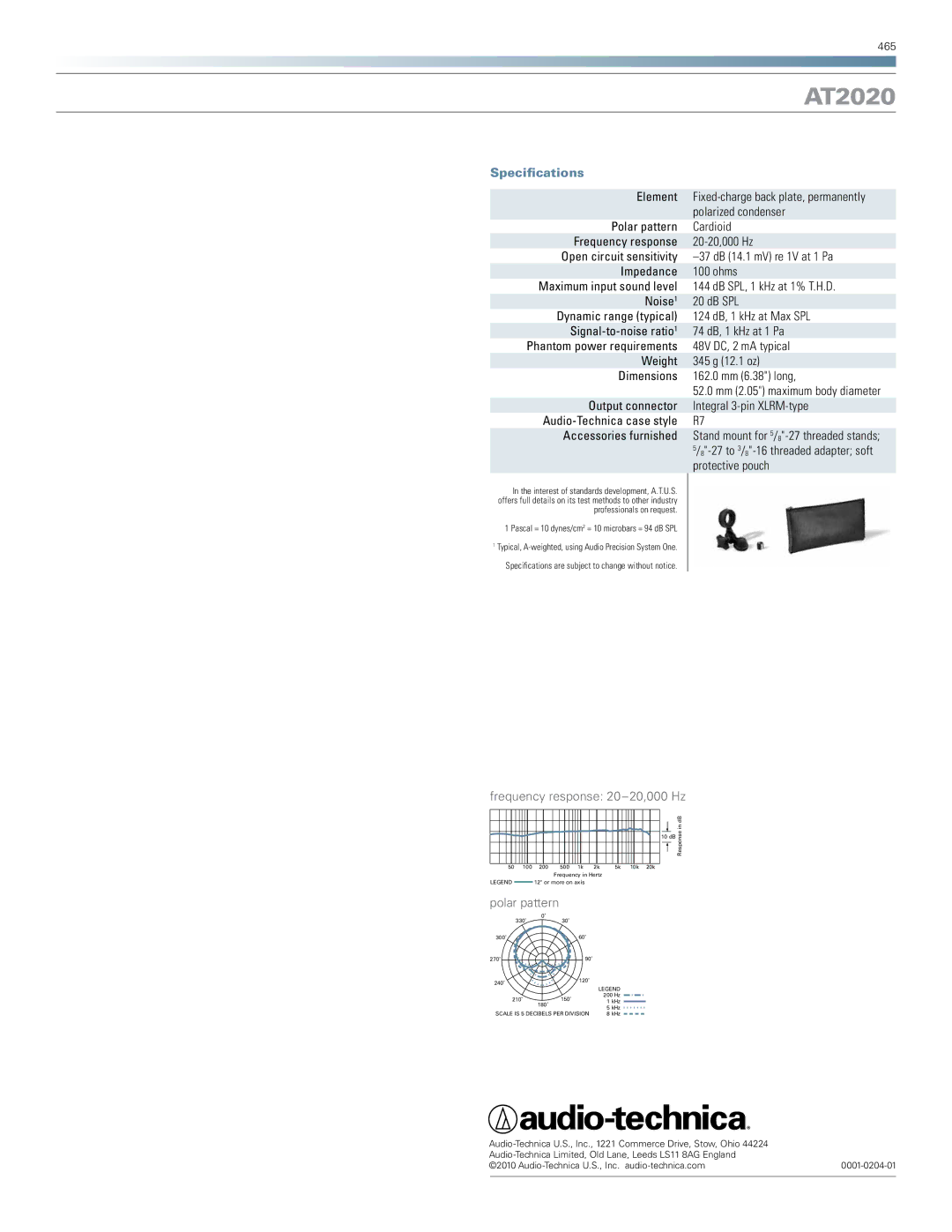 Audio-Technica AT2020 manual Specifications 