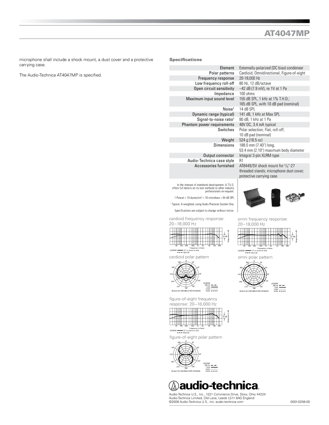 Audio-Technica AT4047MP manual Specifications, Cardioid frequency response 20-18,000 Hz, Cardioid polar pattern 