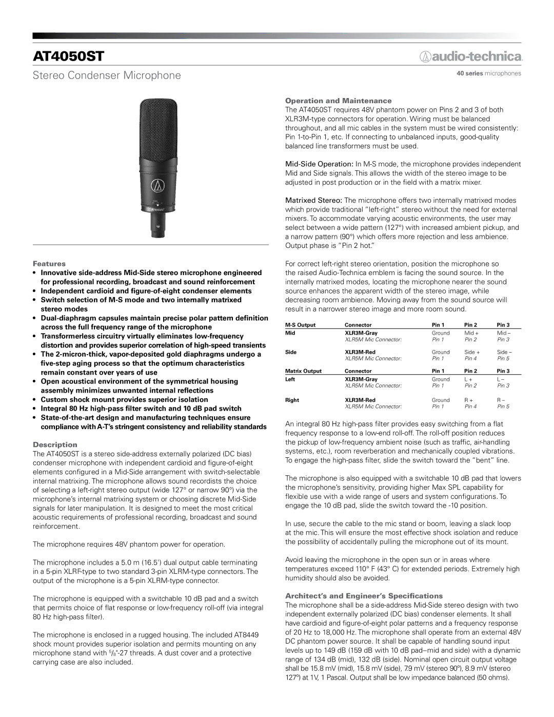 Audio-Technica AT4050ST manual Features, Description, Operation and Maintenance, Architect’s and Engineer’s Specifications 