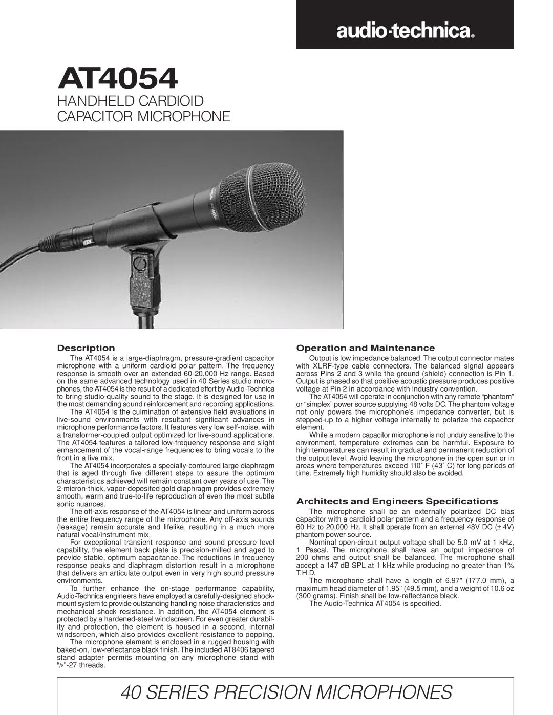 Audio-Technica AT4054 specifications Description, Operation and Maintenance, Architects and Engineers Specifications 
